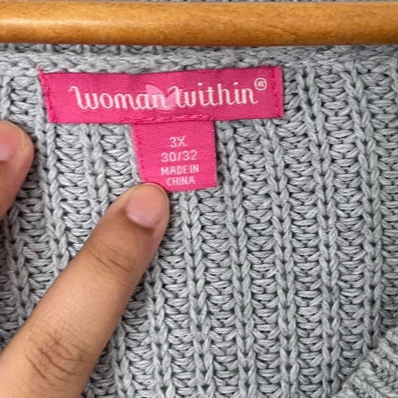 Woman Within Gray Cardigan with V-neck and Cable Knit Pattern - Picture 2 of 5